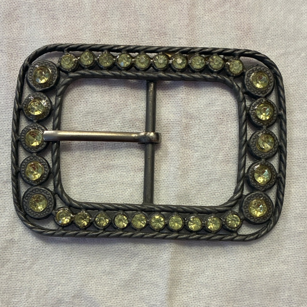 Vintage Rectangular Metal Belt Buckle antique finish light green Rhinestones